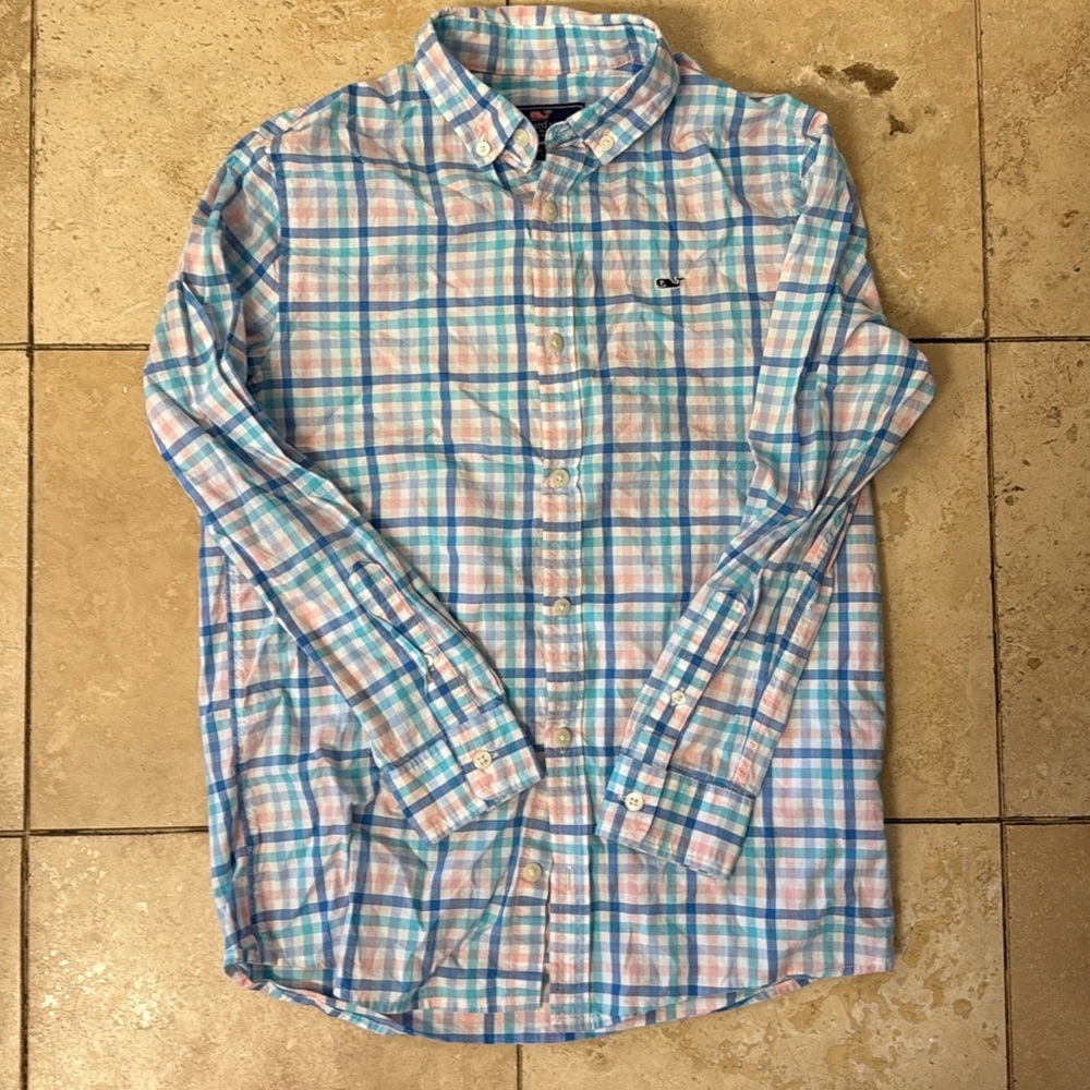 Vineyard Vines Boys M (12-14) $18 Blue, pink, teal and light blue plaid